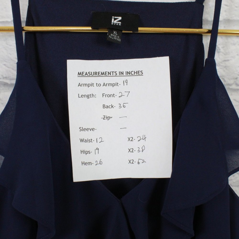 IZ BYER Navy Halter V Neck Ruffle Belted Faux Wrap Rustic Dress Size XL - Picture 10 of 10
